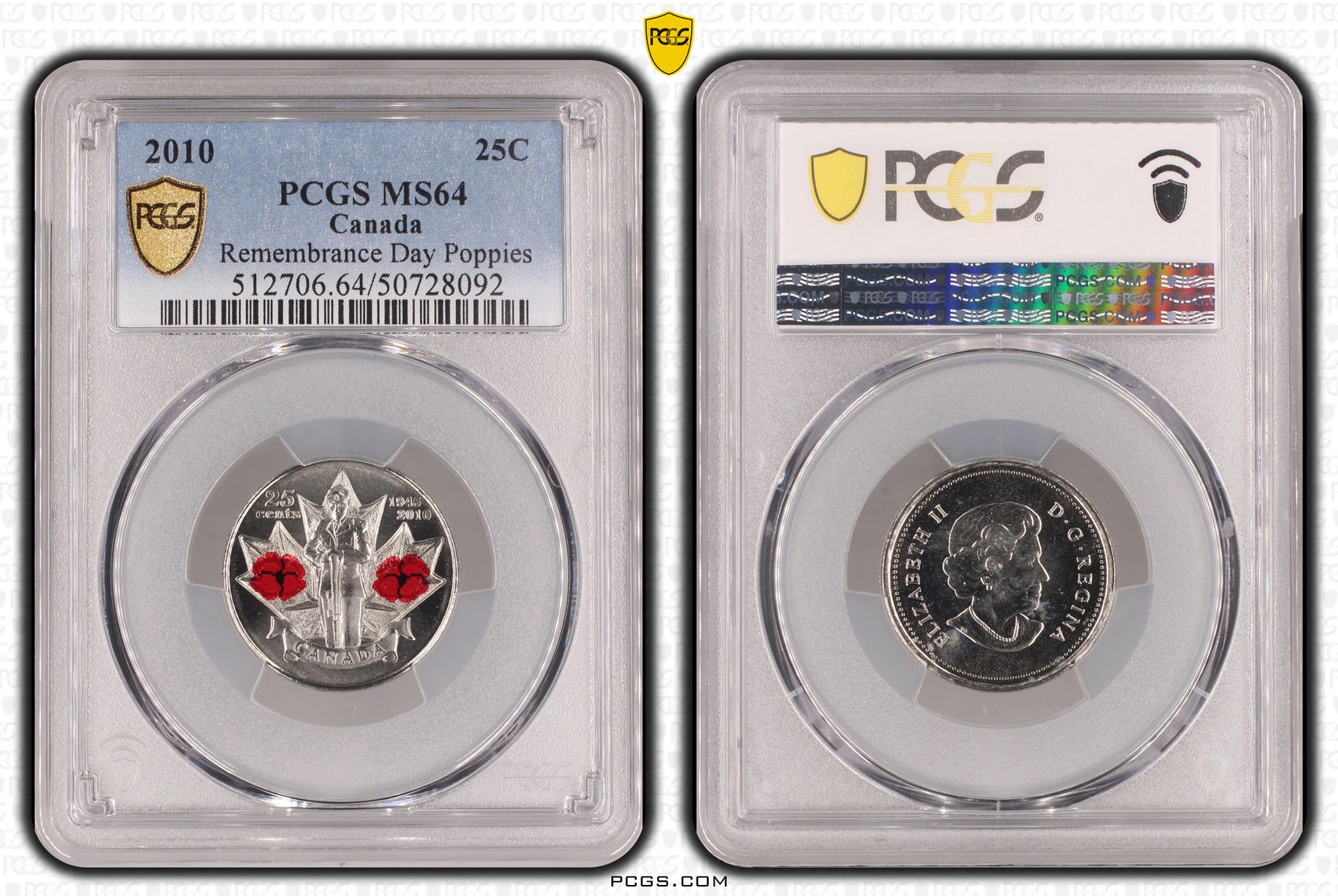 Canada, Remembrance Day Poppies , Twenty Five Cent, 2010, PCGS MS64
