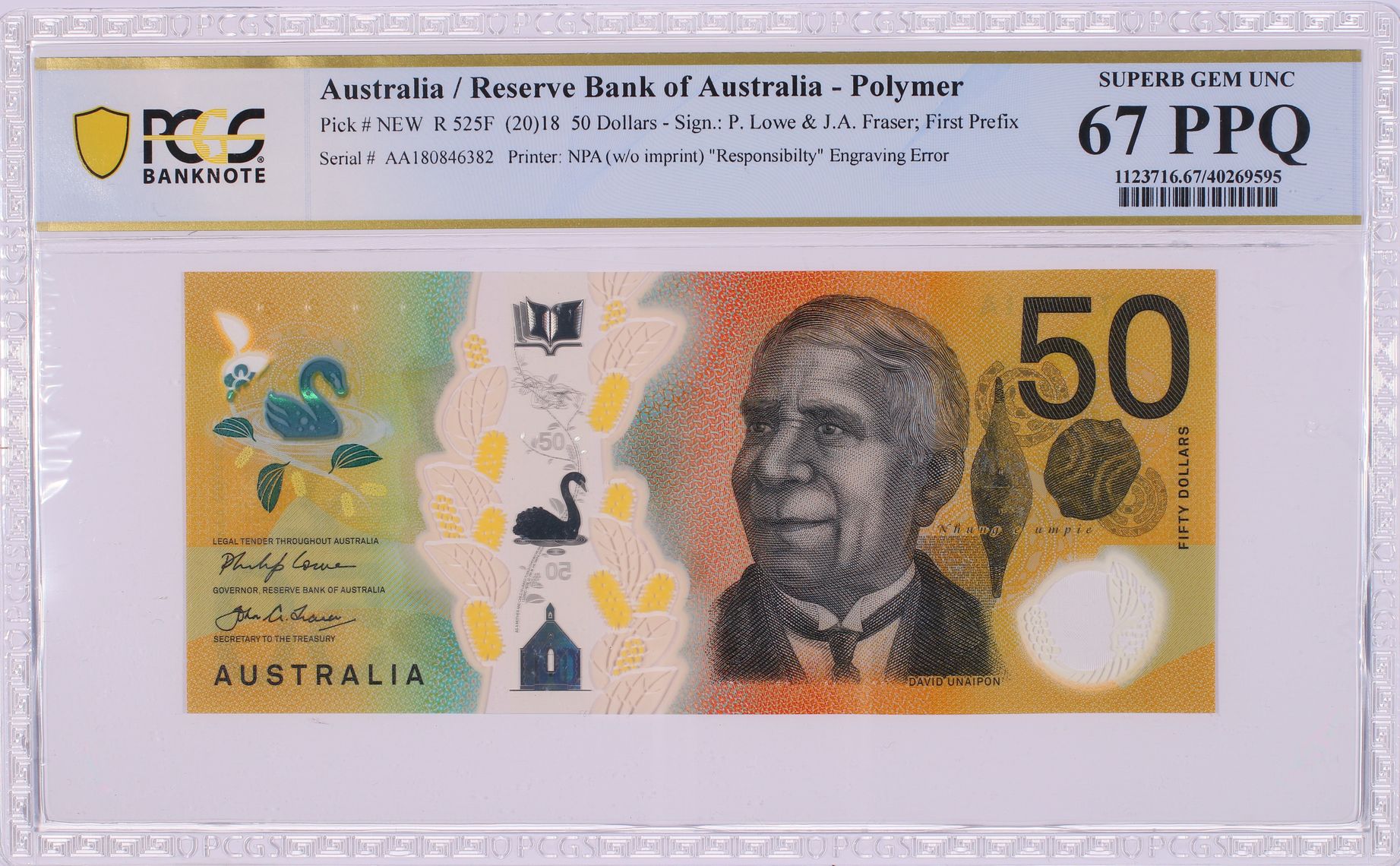2018 Australia $50 Banknote Lowe/Fraser First Prefix Superb Gem UNC 67 PPQ PCGS