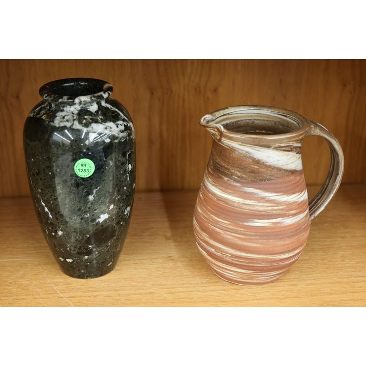 2pc Turned Marble Vase and Pottery Pitcher 7'' to 8''
