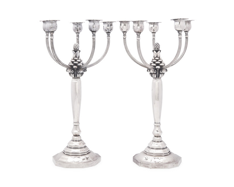 A Pair of Johan Rohde Designed Georg Jensen Silver Acorn Pattern Five-Light Candelabra