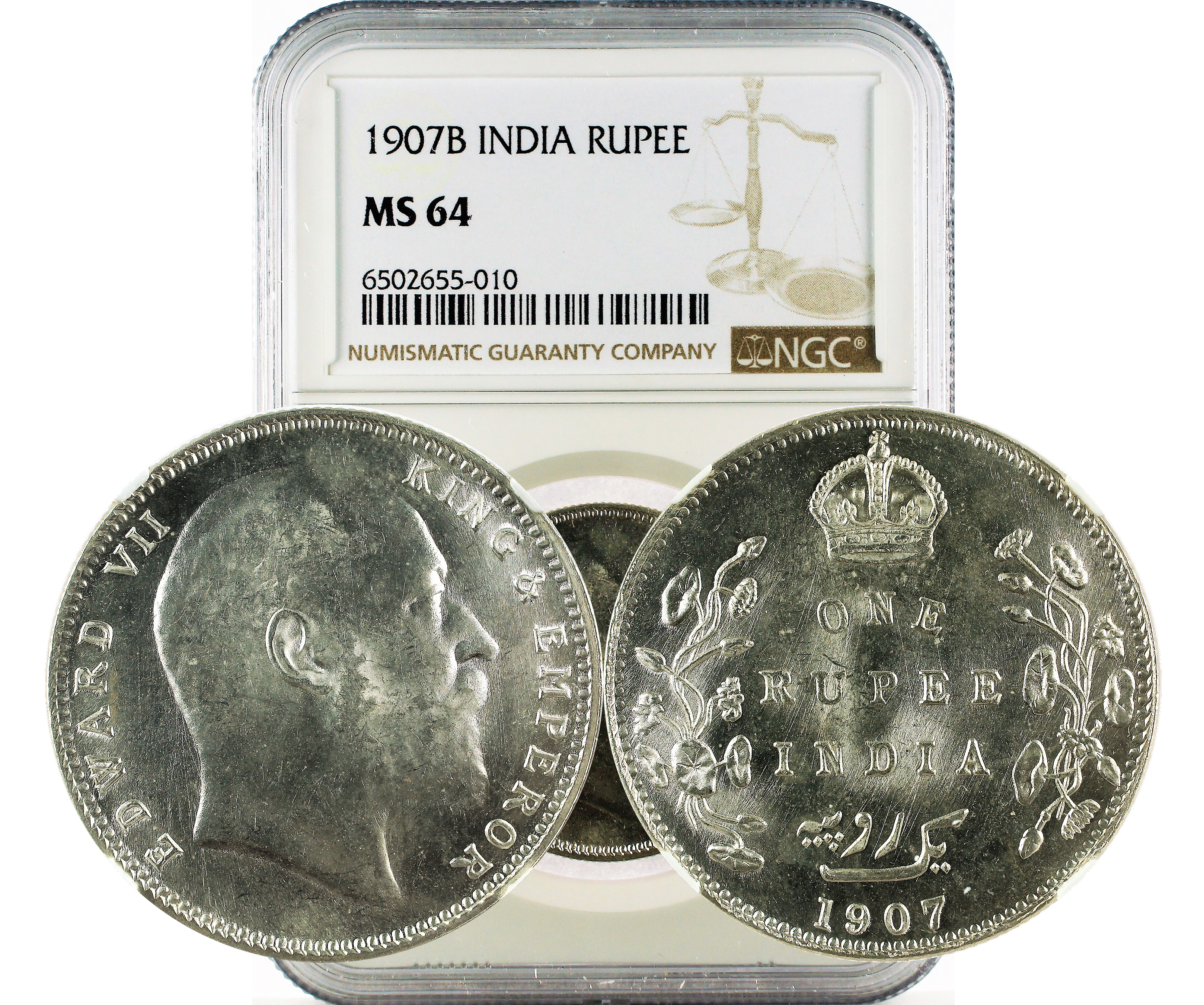 1907B INDIA RUPEE MS 64