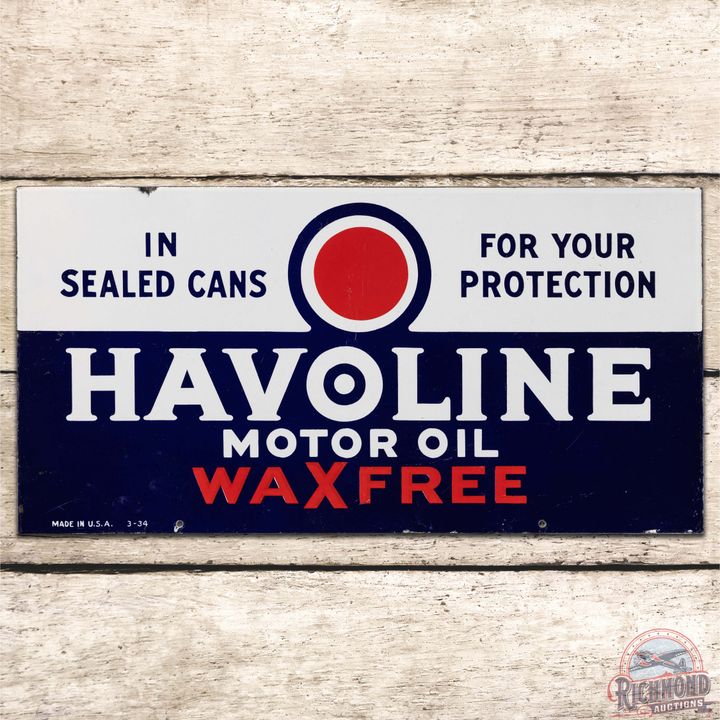 1934 Havoline Wax Free Motor Oil DS Porcelain Sign w/ Bullseye