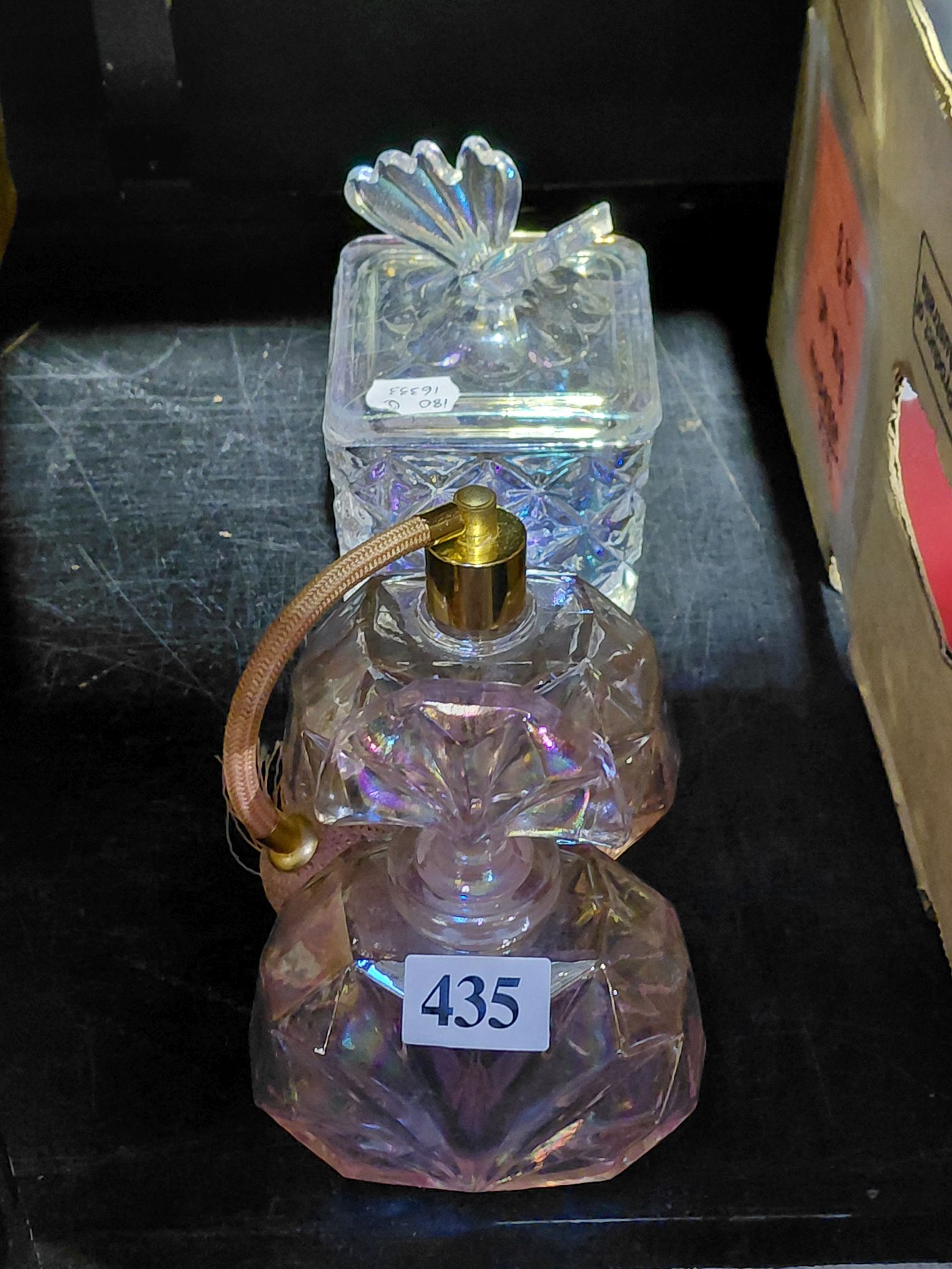 435 · 2 PRETTY GLASS PERFUME BOTTLES AND TRINKET BOX