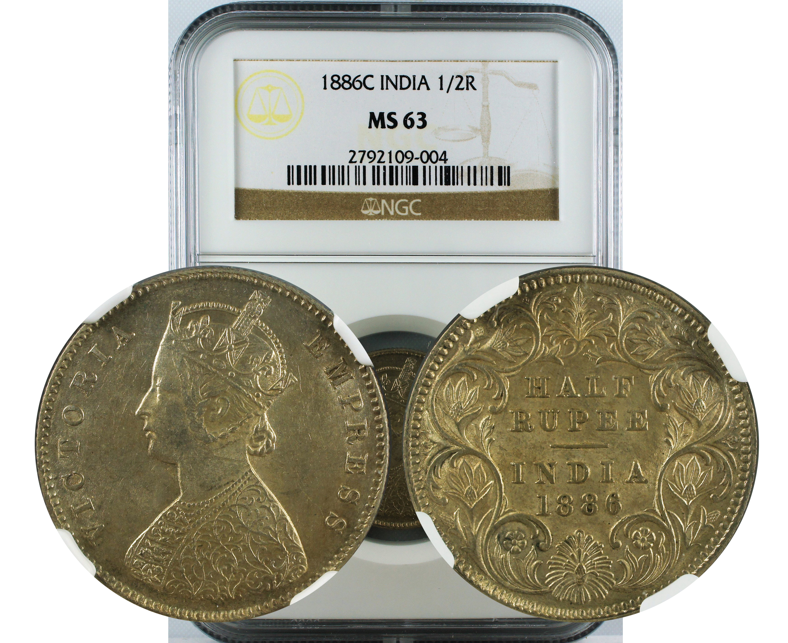 1886 C INDIA 1/2 RUPEE MS63