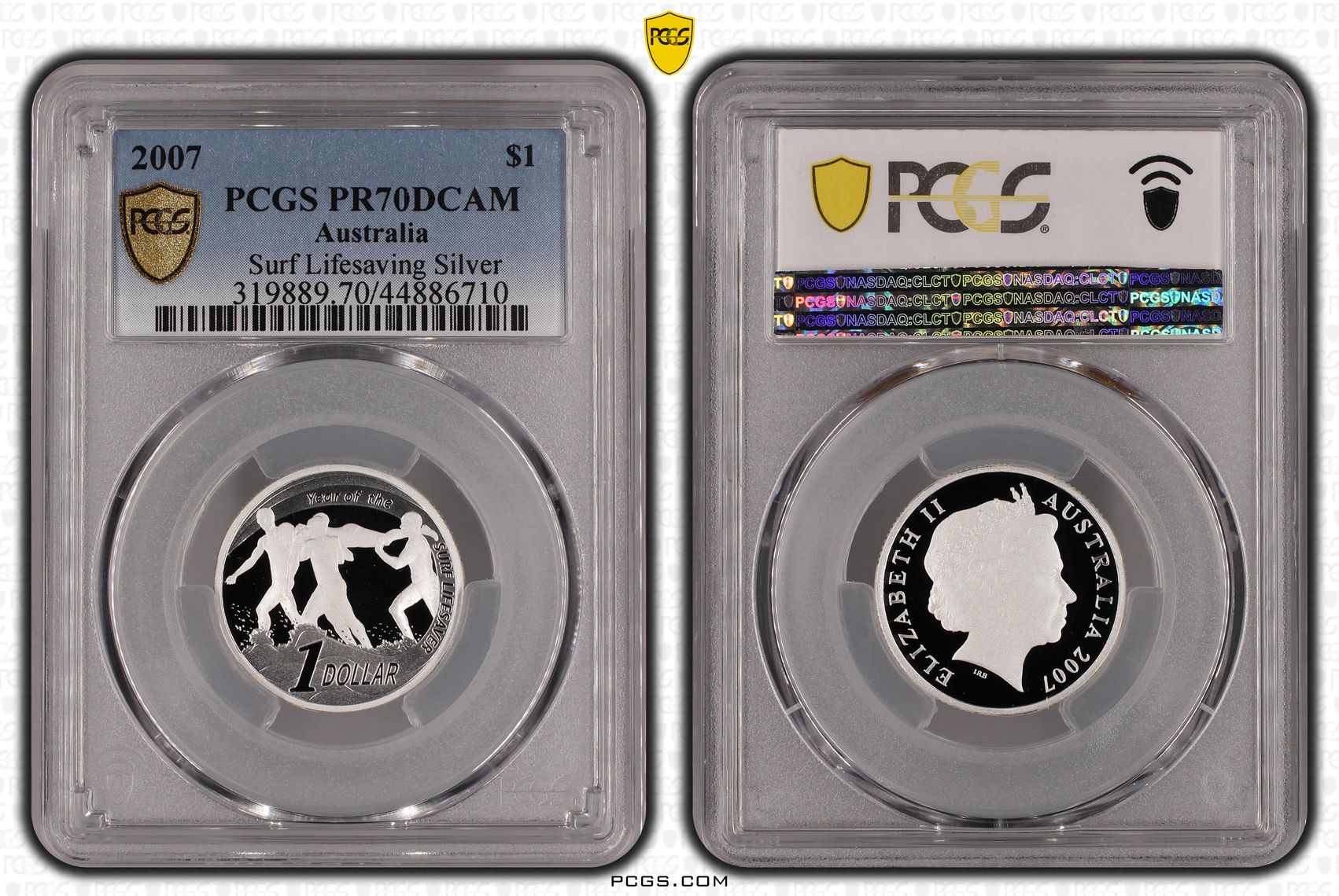 2007 Australia One Dollar, $1 Silver Proof Surf Lifesaving Silver PCGS - PR70DCAM POP 4/0 -710