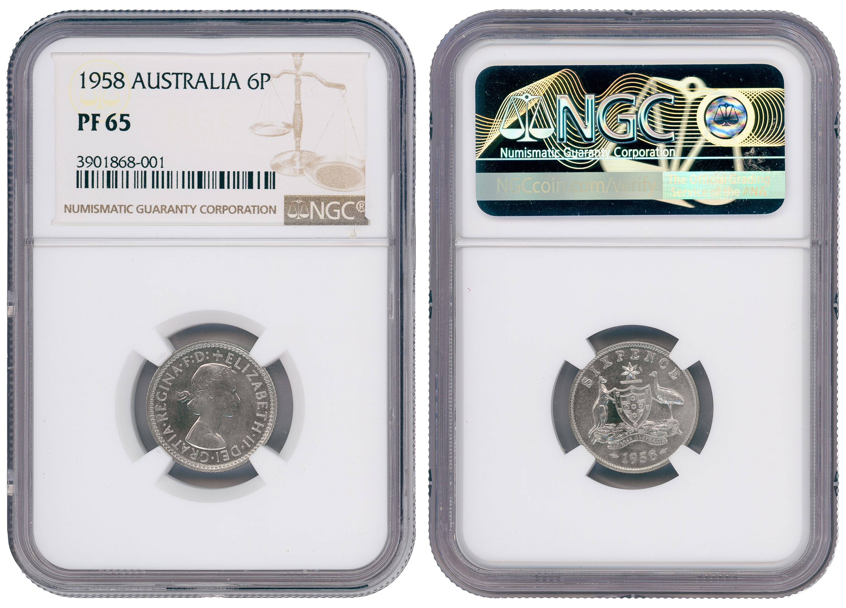 Elizabeth II, Sixpence, 1958, NGC PF65