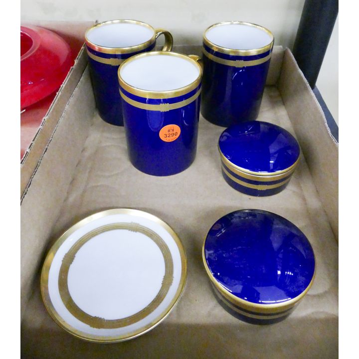 Box 6pc Christian Dior 'Gaudron Lapis' Porcelain Boxes, Mugs, and Small Plate