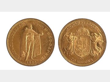 1909 HUNGARIAN 20 KORONA (.900) GOLD COIN