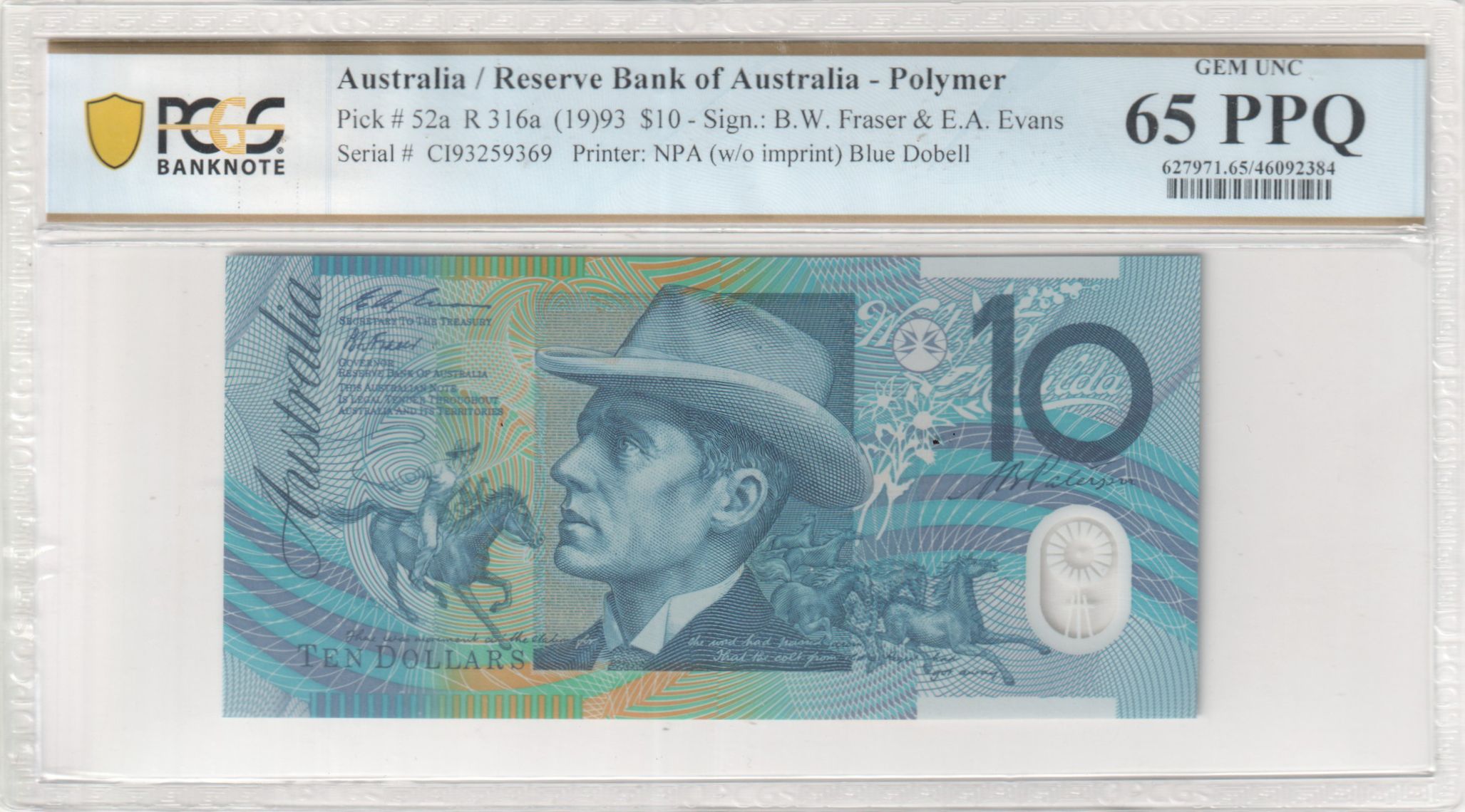1993 $10 Fraser/Evans Gem Unc 65 PPQ