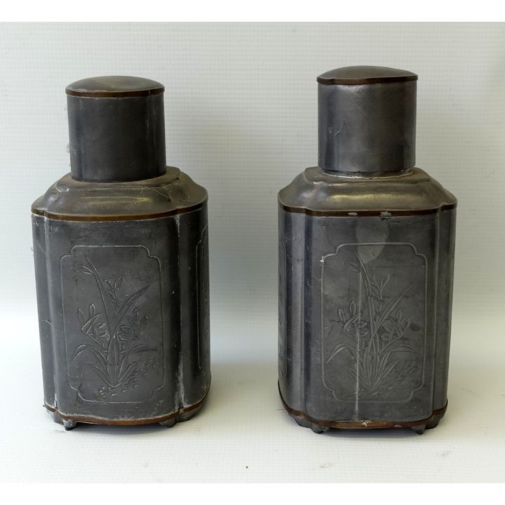 PAIR OF ORIENTAL WHITE METAL CANISTERS