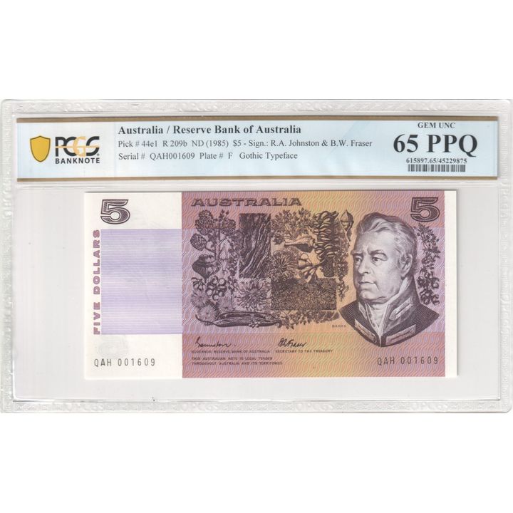 1985 Australia $5 Banknote Johnston/Fraser Gem Unc 65 PPQ  - R.209b