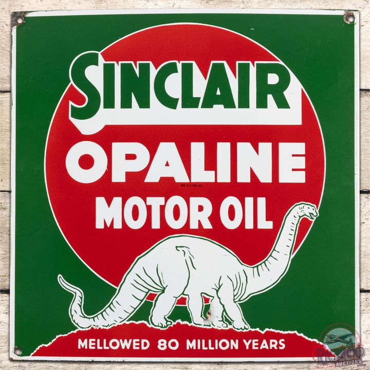 RARE Sinclair Opaline Motor Oil 20" Mellowed 80 Million Years Porcelain Sign w/ White Standing Dino