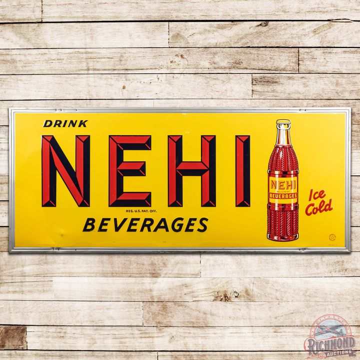 1952 Drink Nehi Beverage 8' Horizontal Embossed SST Sign w/ Bottle