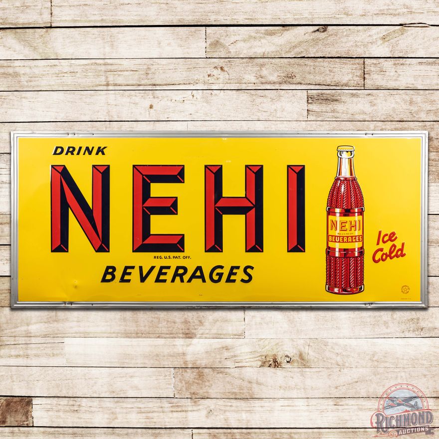 1952 Drink Nehi Beverage 8' Horizontal Embossed SST Sign w/ Bottle