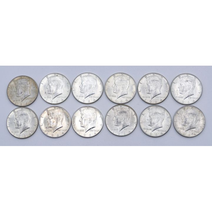 Box 12pc US 1964 Kennedy Silver Half Dollars