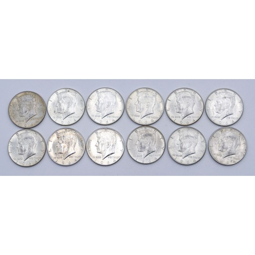 Box 12pc US 1964 Kennedy Silver Half Dollars