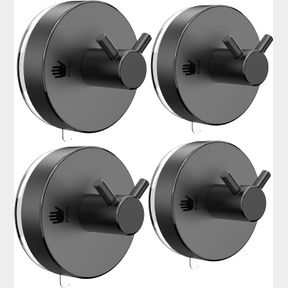4 PCS SUCTION CUP HOOKS FOR SHOWER, GLASS/TILE, DUAL HANGING POINTS, ANTI-RUST ALUMINUM & PLASTIC, BLACK