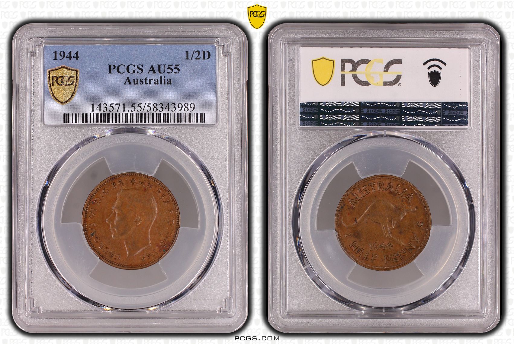 George VI, Halfpenny, 1944, PCGS AU55BN