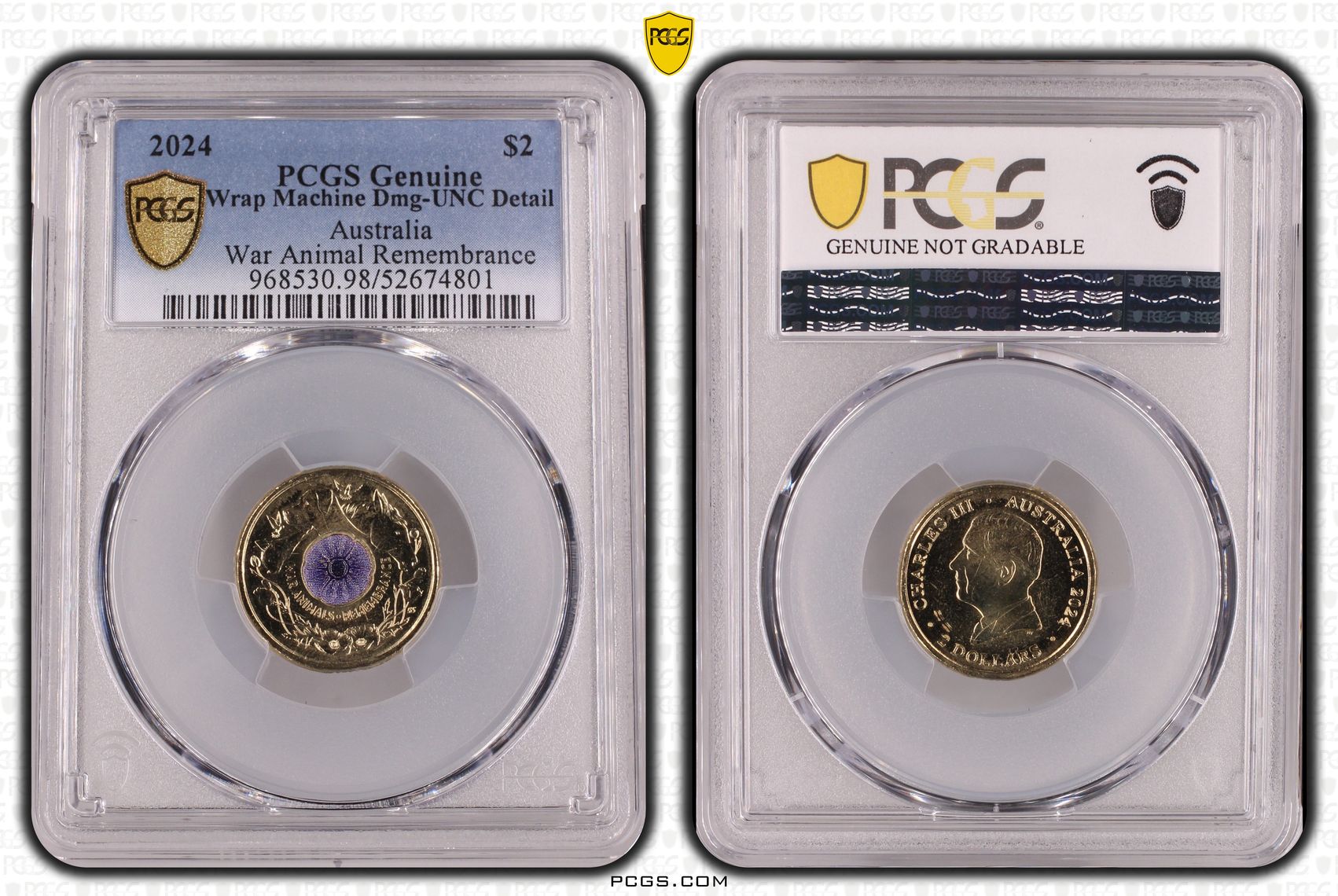 War Animal Remembrance Colorized, Two Dollar, 2024, PCGS Genuine - UNC Details (98 - Damage)