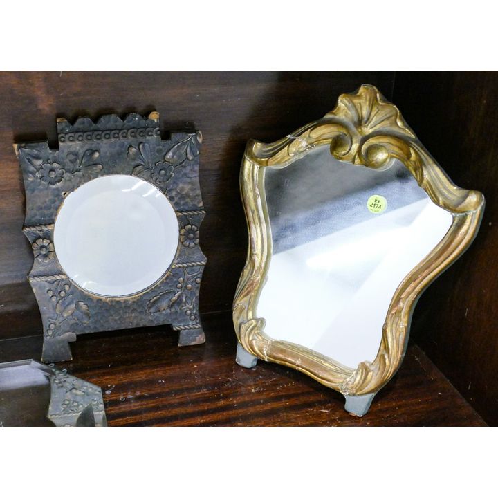 2pc Antique Easel Back Framed Table Mirrors 11'' and 13'' - Dark one missing easel