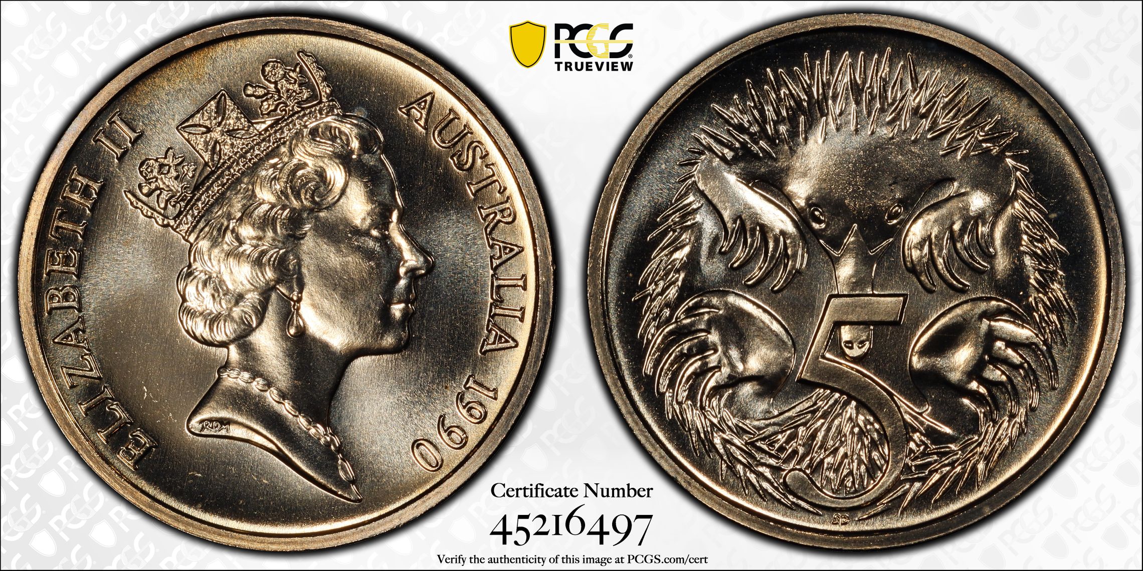 1990 Australian Five Cent, 5c PCGS - MS68 -497