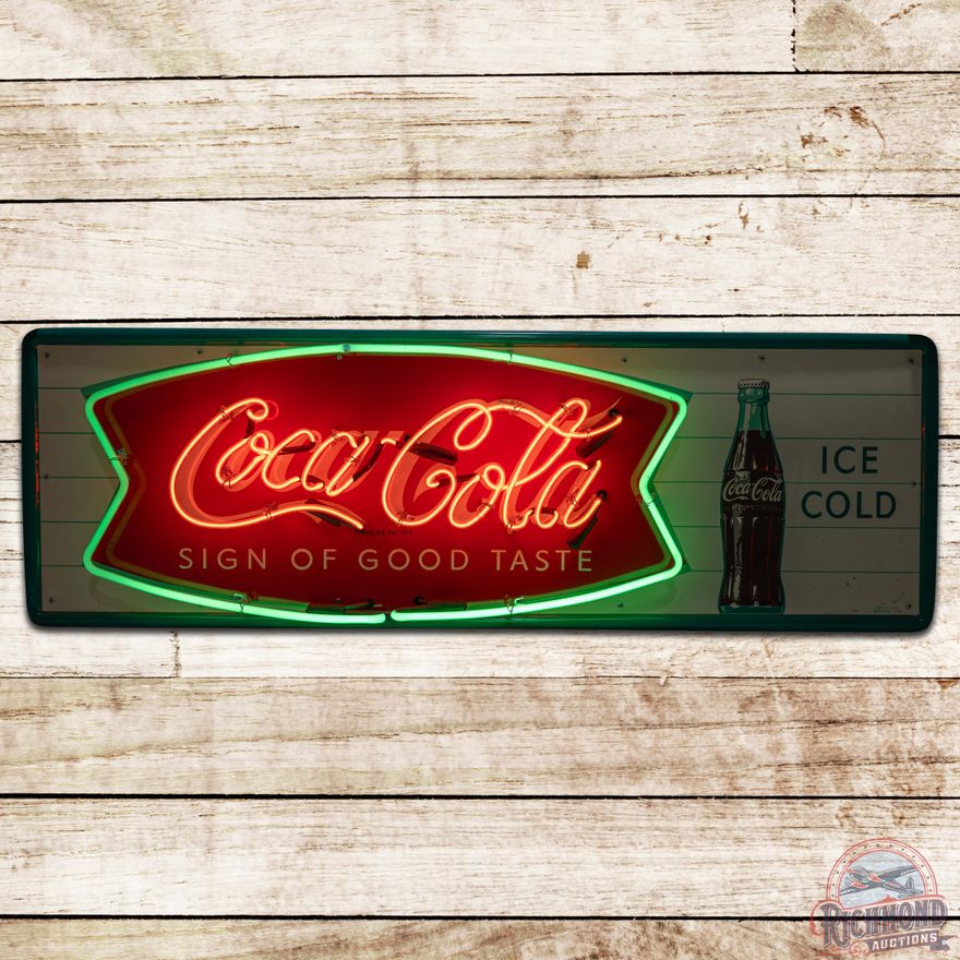 1960 Coca Cola Sign of Good Taste SS Tin Neon Sign w/ Fishtail & Bottle