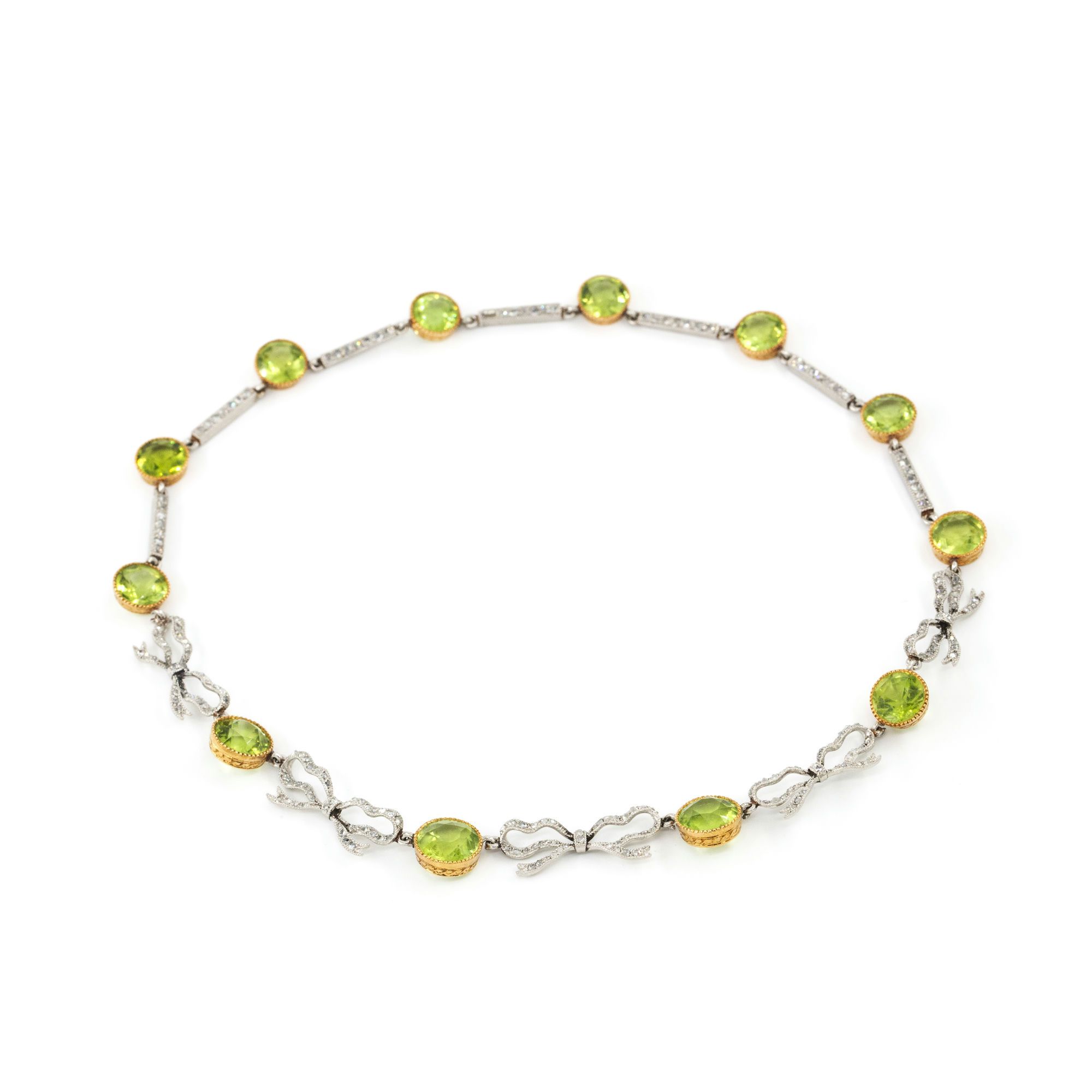 Diamond & Peridot Bow Necklace Platinum 18ct Gold