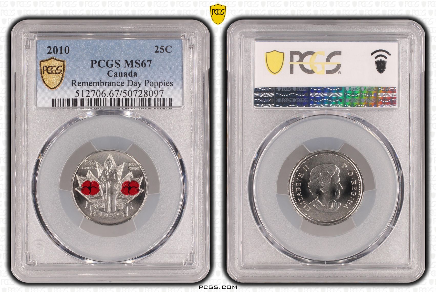Canada, Remembrance Day Poppies , Twenty Five Cent, 2010, PCGS MS67
