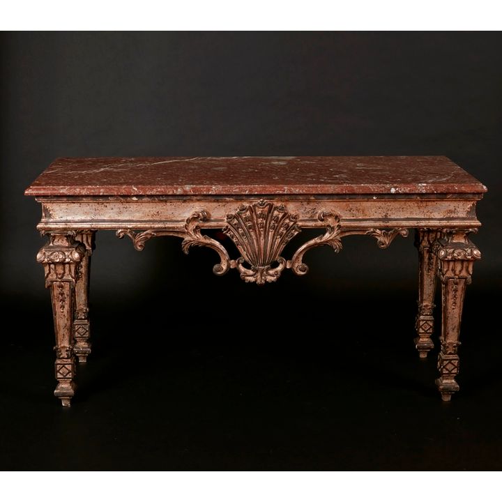 Importante table formant console de style Louis XIV en bois laqué et doré. Italie
