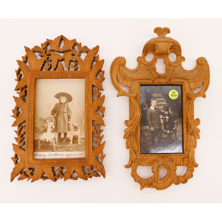 2pc Antique Dog Photos in Ornate Carved Wood Framed- 12x7'' approx