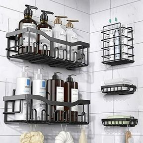 EUDELE SHOWER CADDY 5 PACK,ADHESIVE SHOWER ORGANIZER FOR BATHROOM STORAGE&KITCHEN,NO DRILLING,LARGE CAPACITY,RUSTPROOF STAINLESS S
