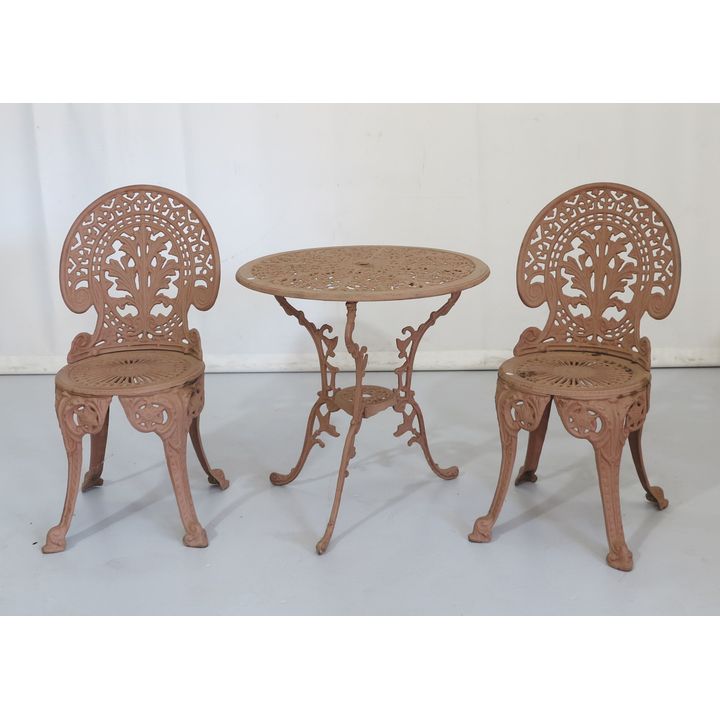 EARLY 20TH CENTURY CAST IRON GARDEN TABLE AND PAIR OF CHAIRS