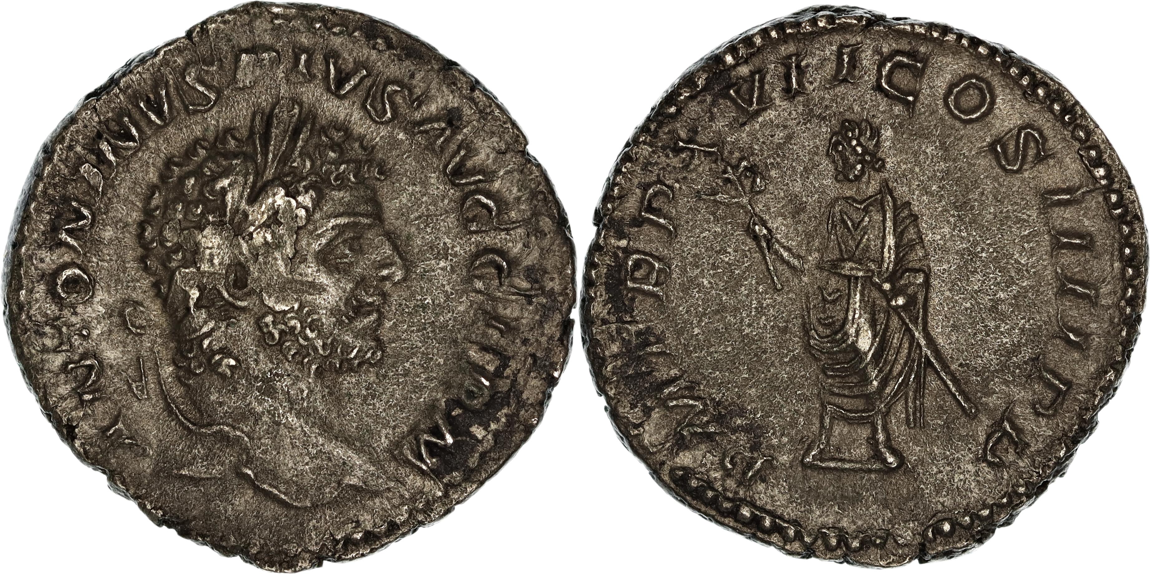 Roman Empire, Caracalla, Silver Denarius, 214 AD, VF+