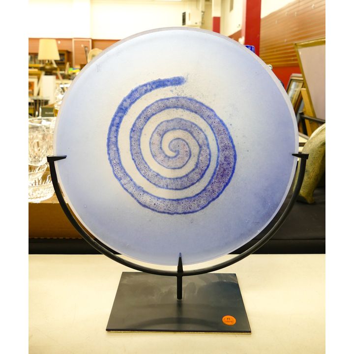 Blue Art Glass Fossil Disc on Stand 16''x15''