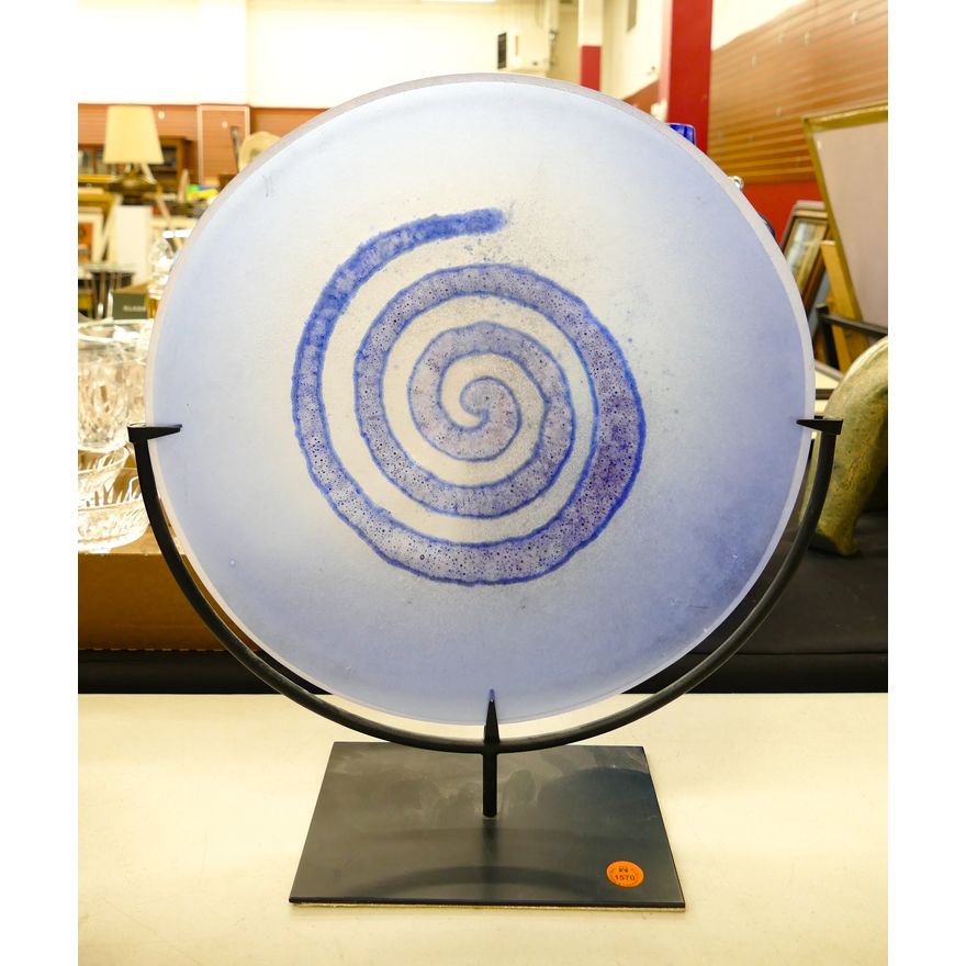 Blue Art Glass Fossil Disc on Stand 16''x15''