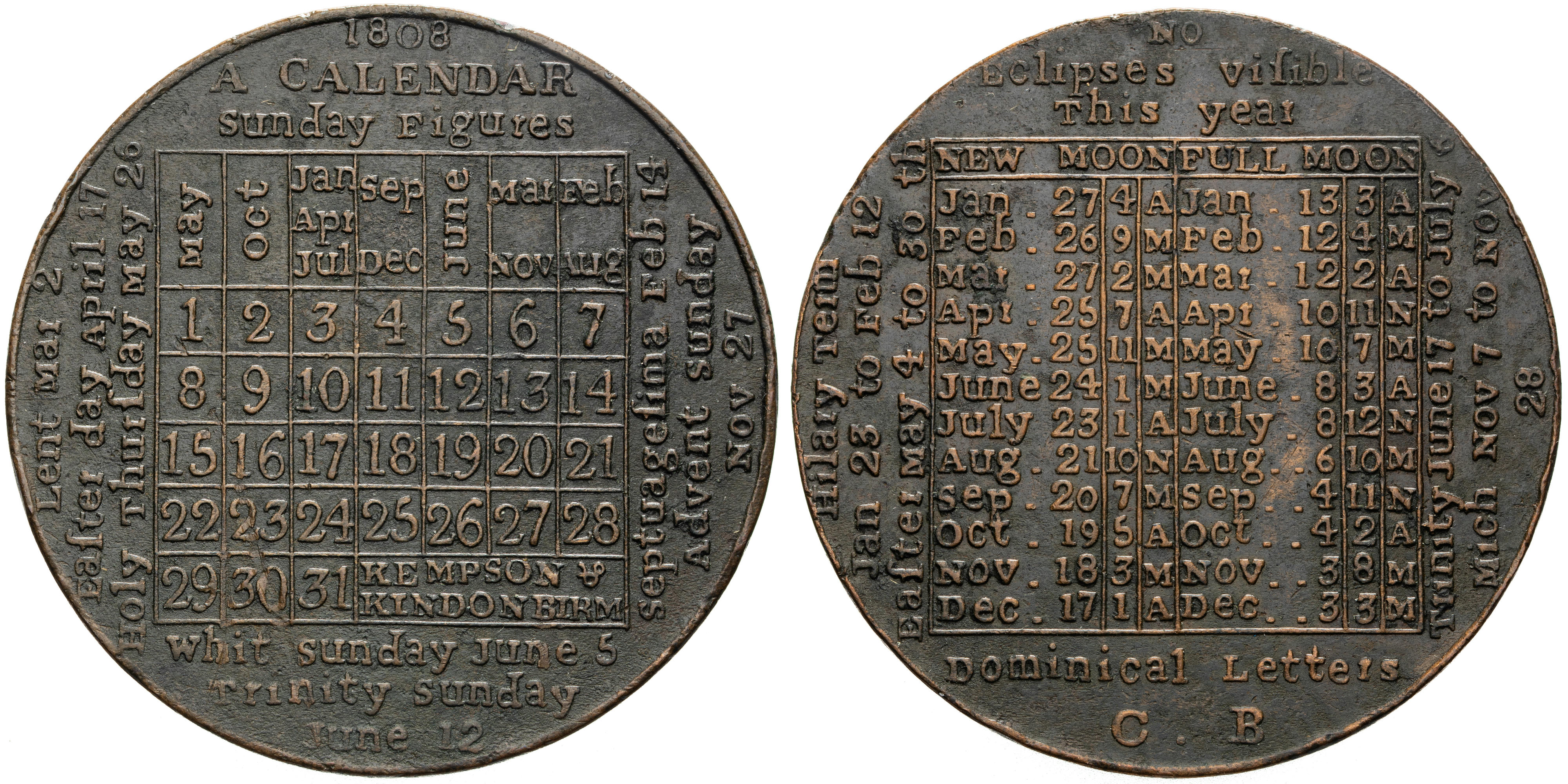 Great Britain, George III, Calendar Token - Kempson & Kindon, Birmingham, 1808, aEF