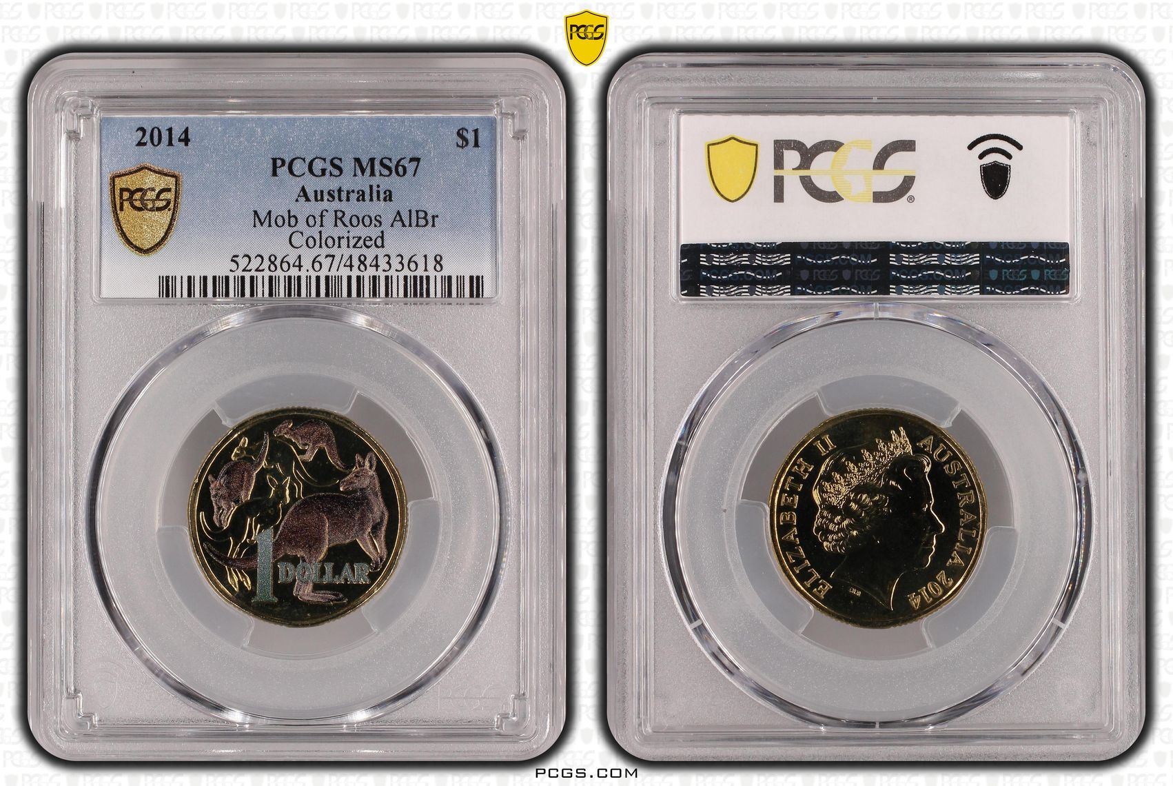 Elizabeth II, Mob of Roos AlBr Colorized, One Dollar, 2014, PCGS MS67
