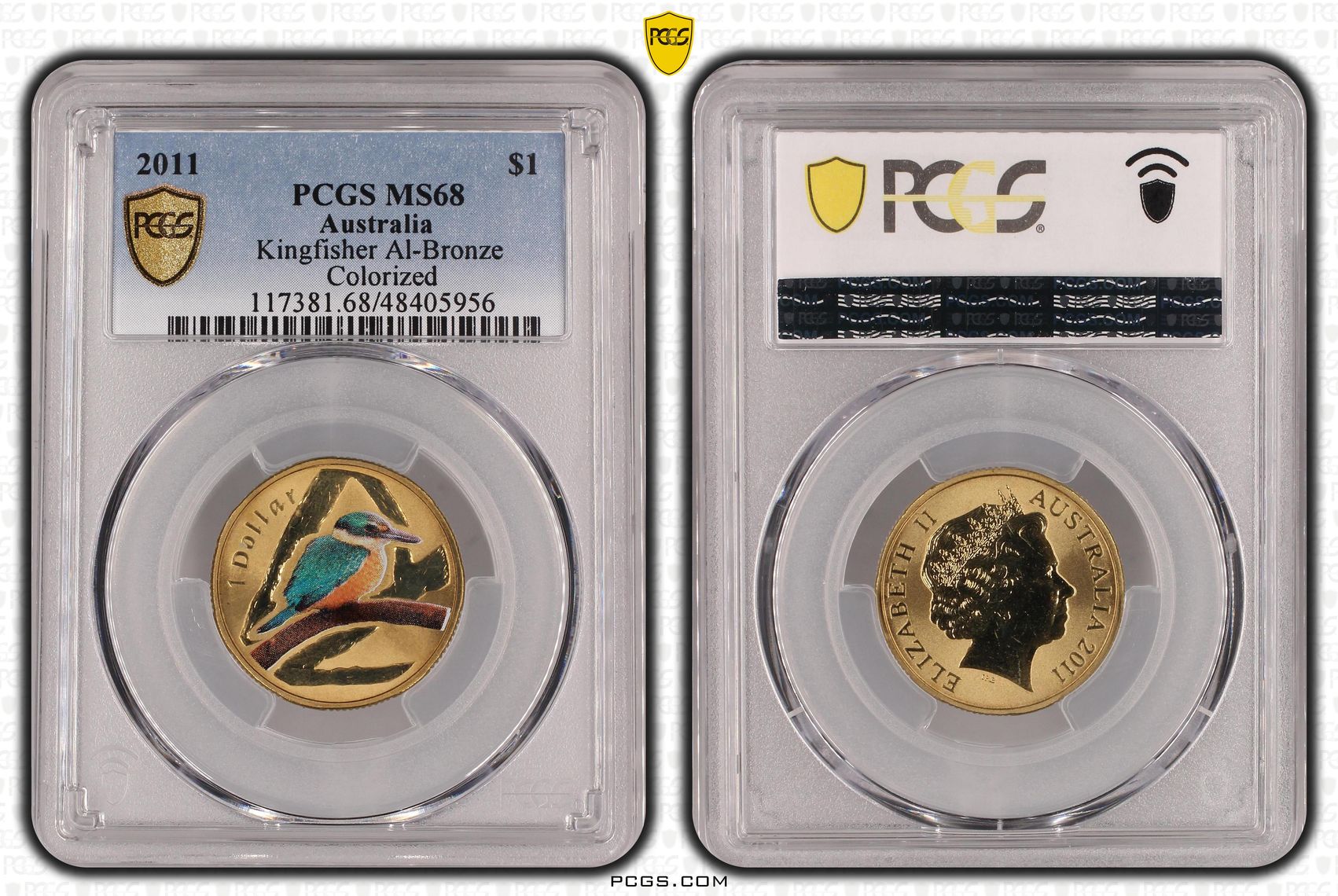 Elizabeth II, Kingfisher Al-Bronze Colorized, One Dollar, 2011, PCGS MS68