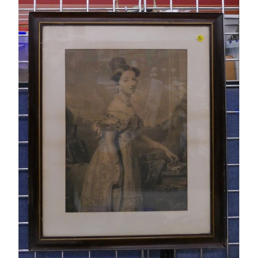 Antique Engraved portrait of the young Queen Victoria with Windsor Castle in the background, Framed- 26x21.5''
