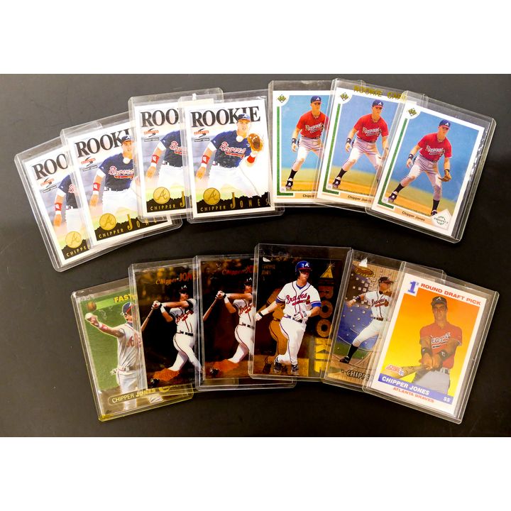 13pc Chipper Jones Baseball Cards. 1990-1997. Includes cards from Score, Topps, Pinnacle, and Fleer.
