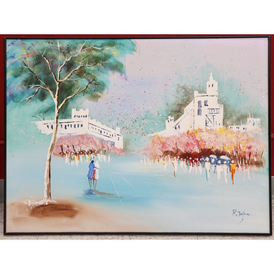 R. Taylor Modernist Street Scene Acrylic Painting Framed 30.5''x40.5''