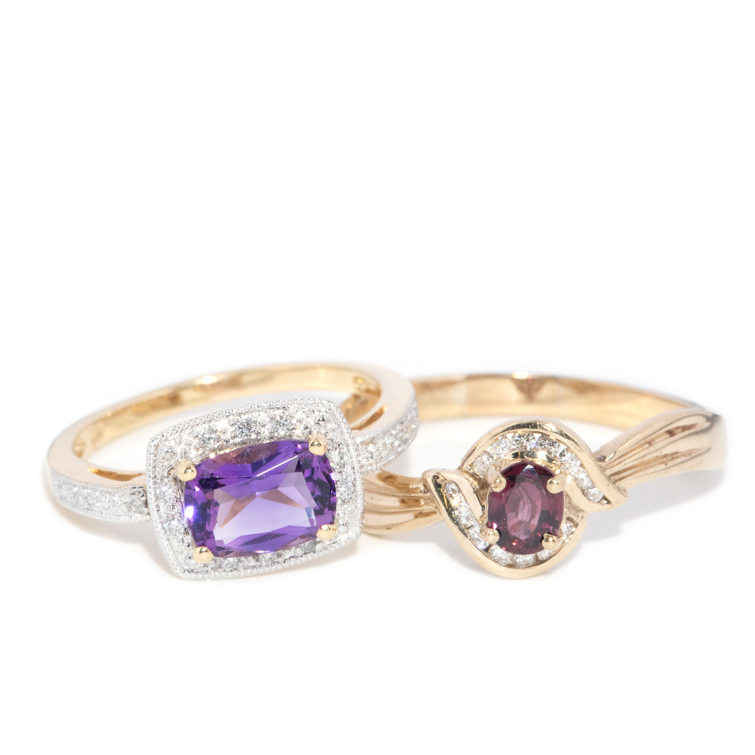Ruby & Diamond Ring & Amethyst & Diamond Ring in 9ct Gold