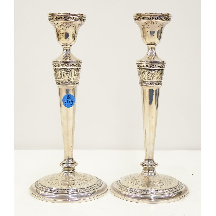 Pair International ''Wedgwood'' Sterling Filled Candlesticks 10''