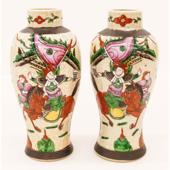 Pair Chinese Republic Famille Verte Crackle Vases