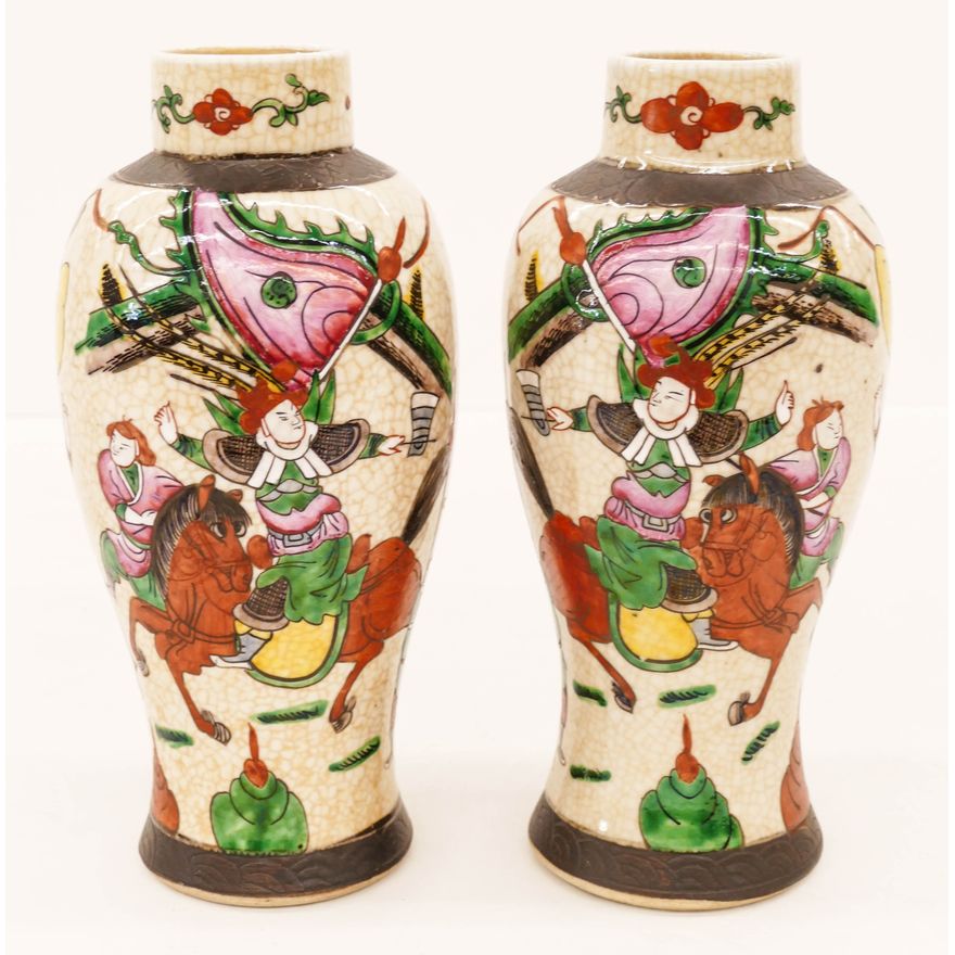 Pair Chinese Republic Famille Verte Crackle Vases