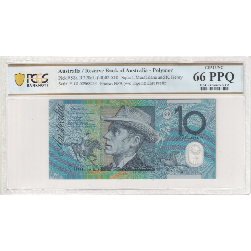Macfarlane/Henry, Last Prefix, Ten Dollar, 2002, PCGS Gem UNC 66 PPQ