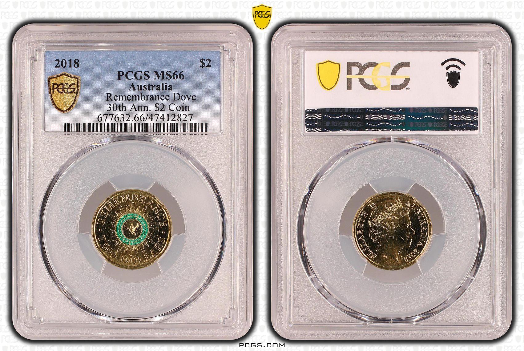 480 · Elizabeth II, Remembrance Dove Colorized 30th Ann. $2 Coin , Two Dollar, 2018, PCGS MS66