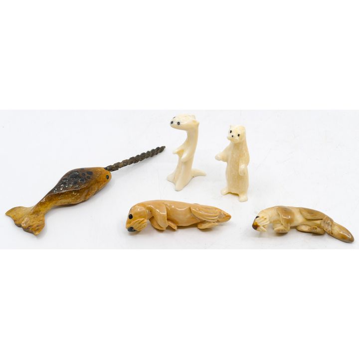5pc Inuit Carved Otters & Narwhal 2-4''
