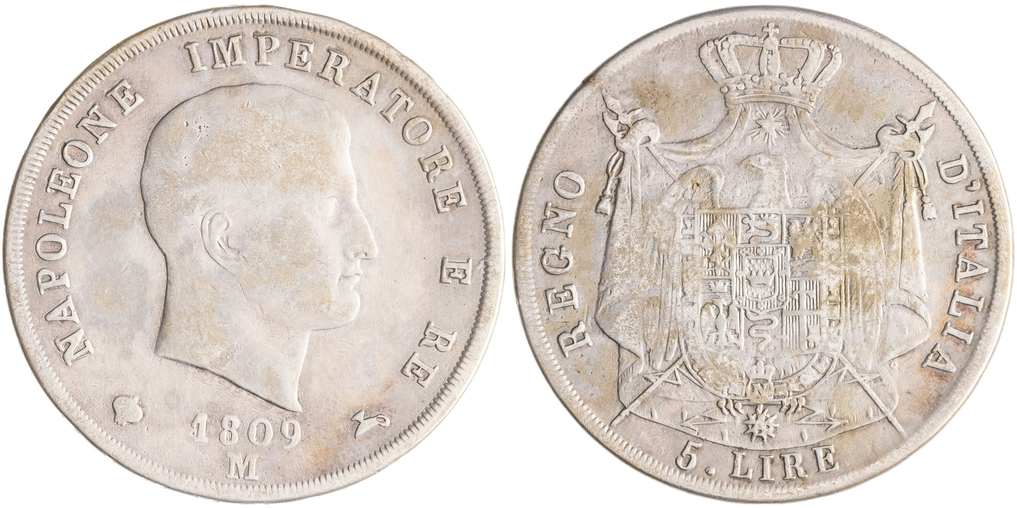 Italian States, Napoleon I, Napoleonic Kingdom, Five Lire, 1809-M, aFine