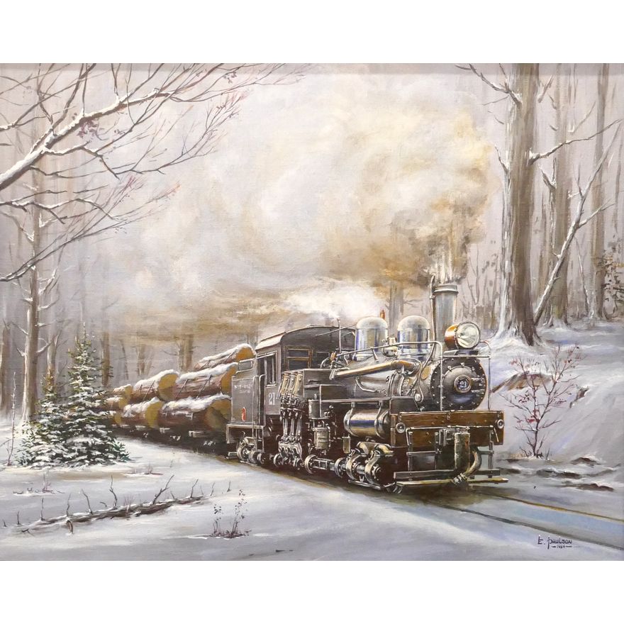 E. Paulson Winter Train Scene Oil Painting Framed- 20x24''